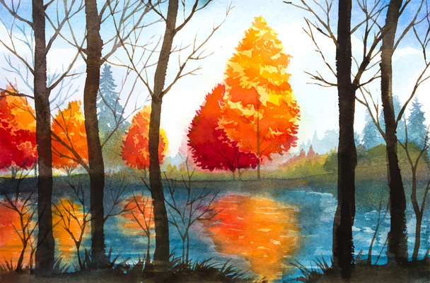 Autumn landscape. Watercolor illustration. - Vector, Image