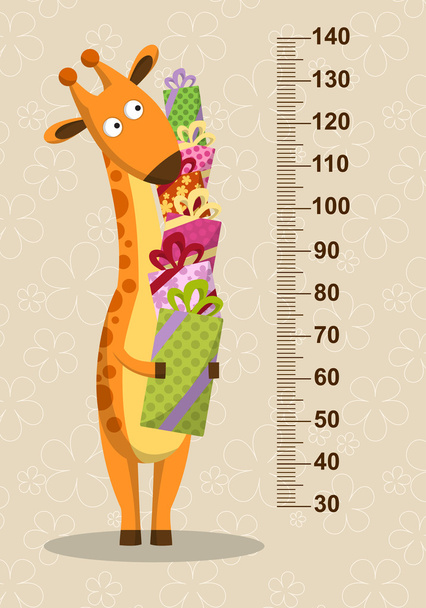 Girafa de desenhos animados com presentes em um fundo bege. Estadiômetro. Vetor
 - Vetor, Imagem