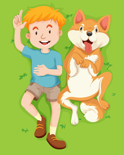Boy and pet dog lying on grass - Vector, Image