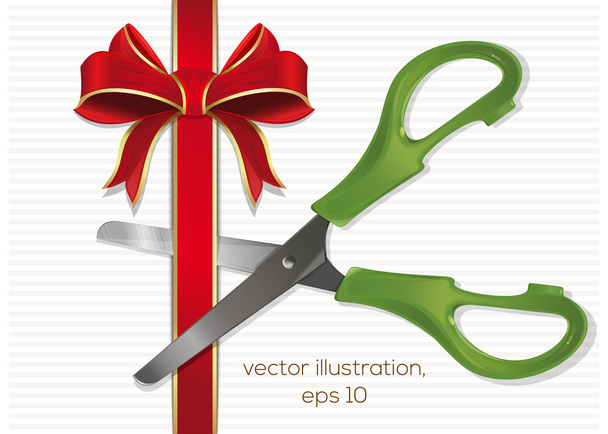 Scissors cut the red ribbon with a bow - Vector, Imagen