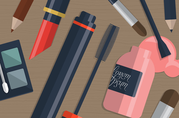 Set of female cosmetics on a table with place for your text. Vector - Vector, Image