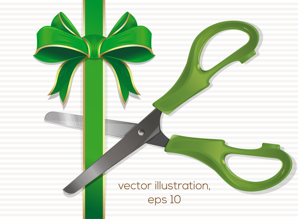 Scissors cut the green ribbon with a bow. Vector illustrations - Vektor, obrázek