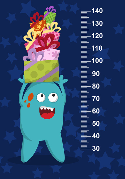 Happy blue monster with gifts on background with stars. Stadiometer. Vector - Vector, Image