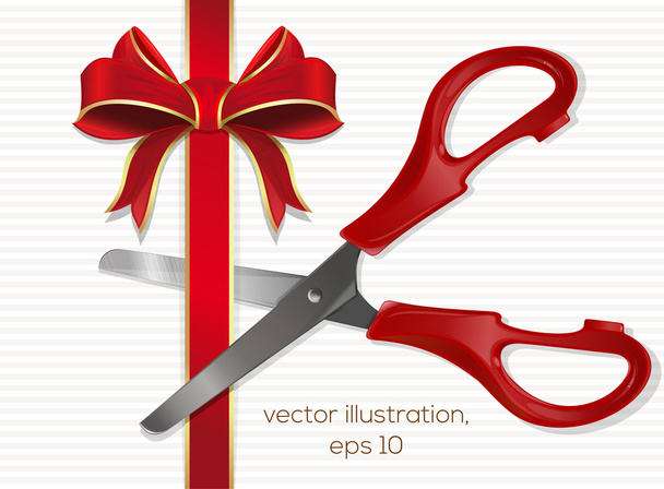 Scissors with plastic red handles cut the red ribbon with a bow - Vektör, Görsel