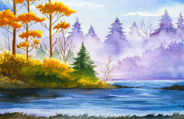 Autumn landscape. Watercolor illustration. - Vector, Image