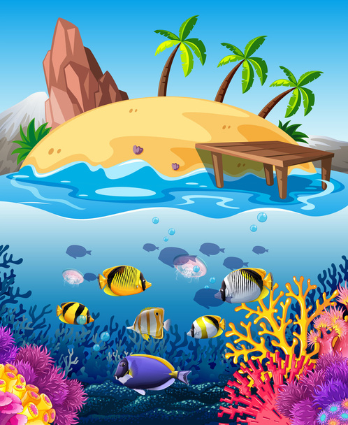 Fish swimming underwater and island - Vector, Image