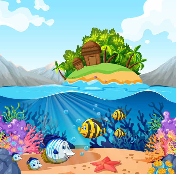 Вид на океан с острова и рыбы под водой
 - Вектор,изображение