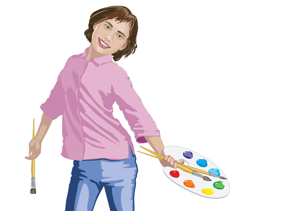 κορίτσι χρώματα χρώματα με πινέλα και παλέτα - Διάνυσμα, εικόνα