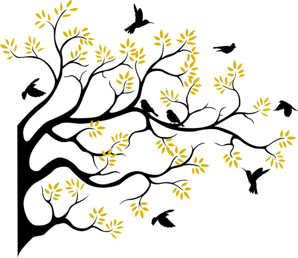 Tree silhouette with bird flying - Vector, Image