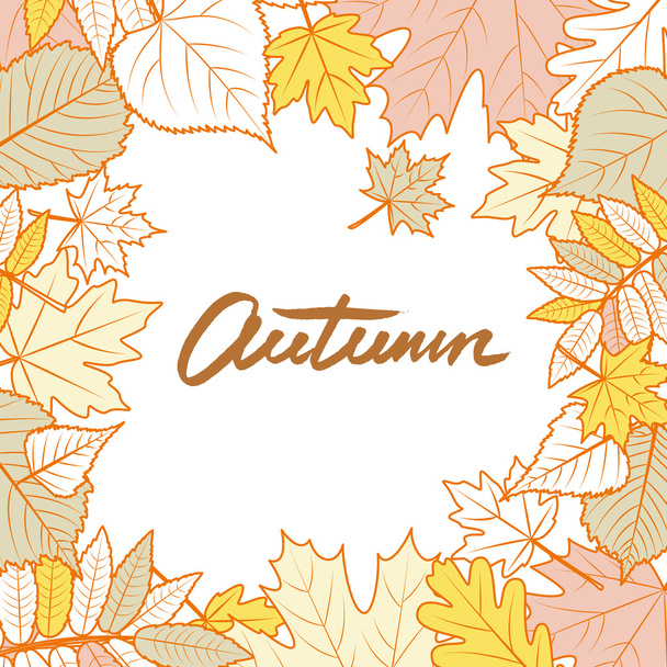 Vector square frame with hand drawn autumn leaves. Yellow fall background. Design concept for banner, invitation card, poster. - Vector, Image