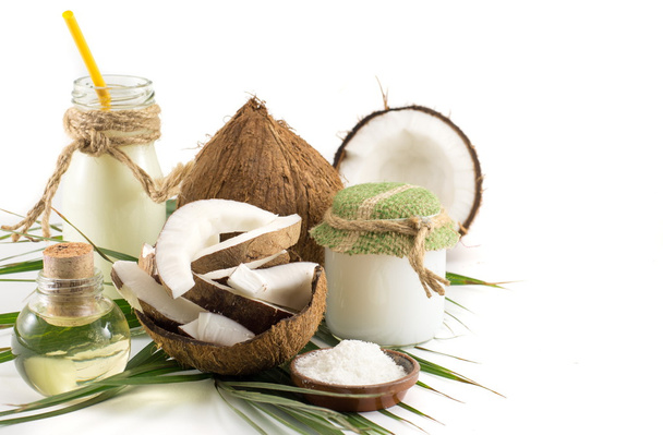 Coconut products, fresh fruit milk and oil - Photo, Image