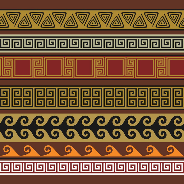Patrones griegos sin costuras, texturas, en colores tradicionales sobre un fondo marrón claro. Objetos aislados
. - Vector, imagen