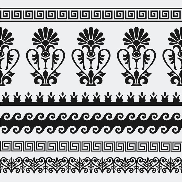 Griekse naadloze patronen, texturen, zwart op een grijze achtergrond. Geïsoleerde objecten. - Vector, afbeelding