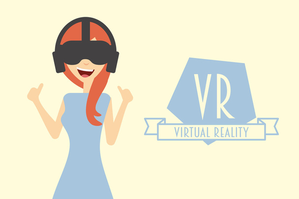 Red hair woman or girl wearing virtual reality headset. - Vector, Image