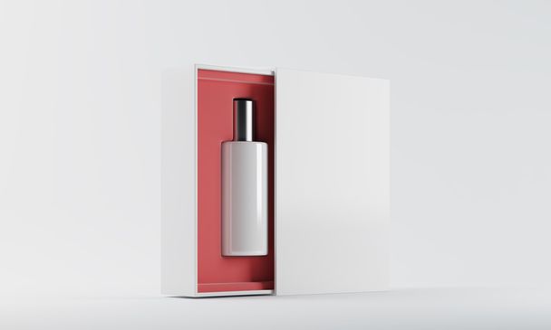 Frasco de perfume blanco y plateado en caja roja y blanca
 - Foto, imagen