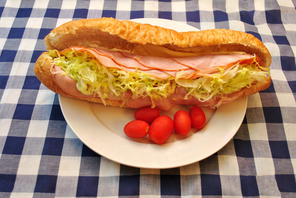 Sandwich de jamón y pollo con tomates servido en un paño de mesa de picnic
 - Foto, Imagen