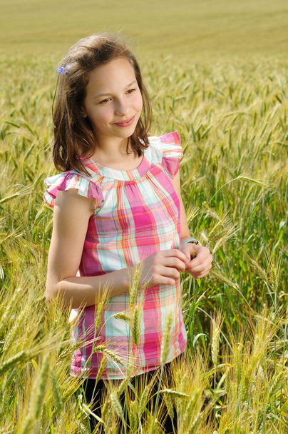 Young beautiful girl in a field of wheat - Фото, зображення