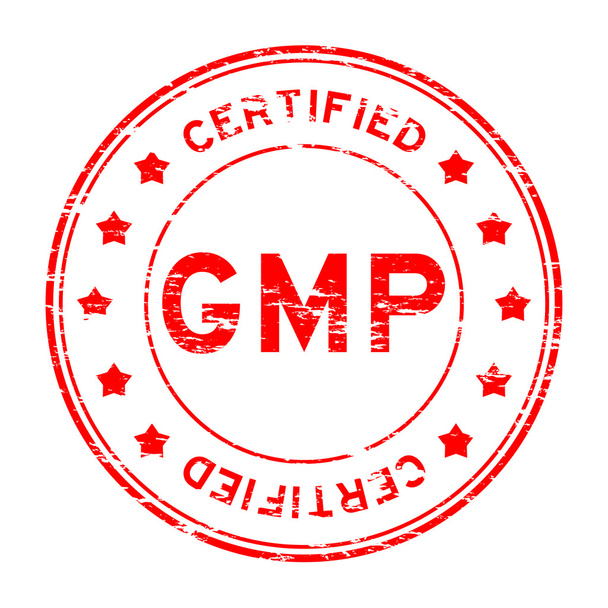 Grunge czerwone Gmp (dobrej praktyki produkcyjnej) i certyfikowanych gumow - Wektor, obraz