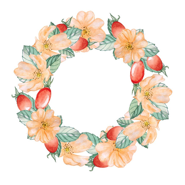 A wreath of rose hips 2. Watercolor illustration. - Фото, изображение
