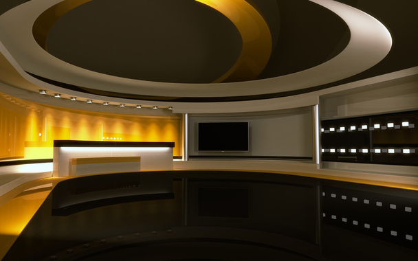Τηλεοπτικό στούντιο. Στούντιο ειδήσεων. Κίτρινο στούντιο. Το τέλειο σκηνικό για οποιαδήποτε πράσινη οθόνη ή βίντεο-κλειδί ή παραγωγή φωτογραφιών. απόδοση 3D. 3D οπτικοποίηση - Φωτογραφία, εικόνα