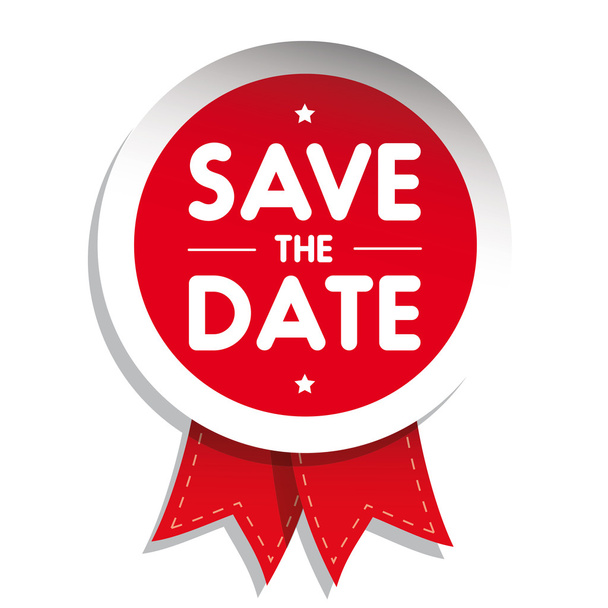 Save The Date badge with red ribbon - Vector, Image