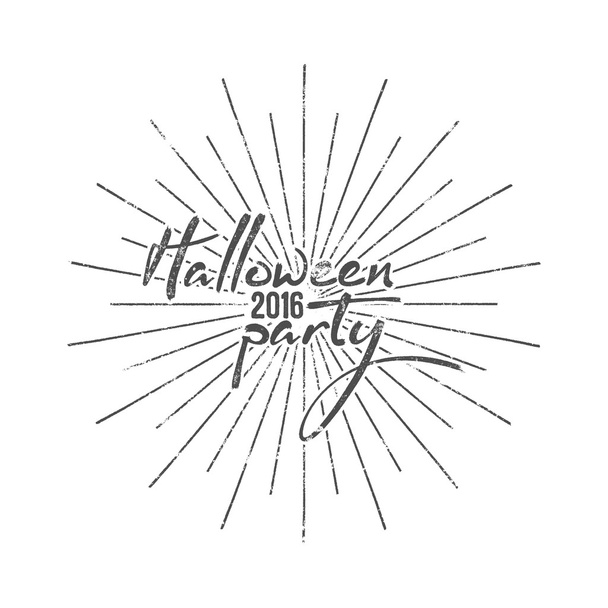 Halloween party typography label. Holiday lettering for photo overlay, cards. Typographic retro design with sun bursts. Vector text with vintage grunge effect. Print on t shirt, tee design, apparel - Vetor, Imagem