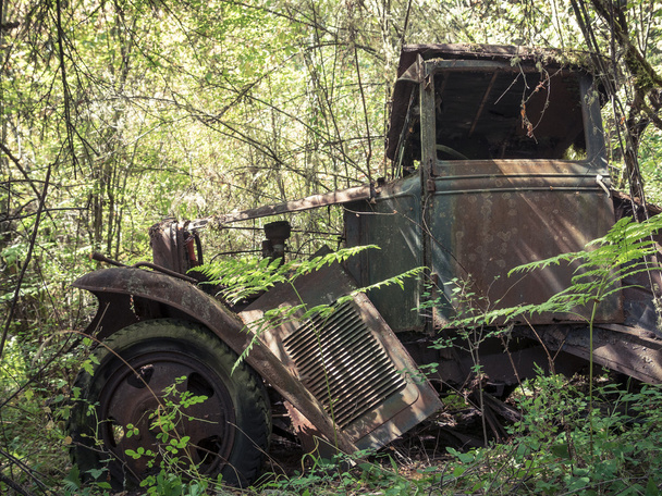Rusty 1930 Camion tombant en morceaux dans la forêt
 - Photo, image