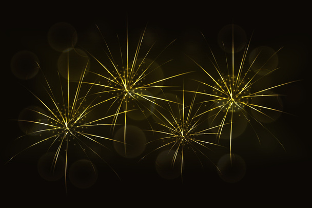 New years eve golden fireworks with blurred glowing golden bokeh effect on backdrop. Celebration firework in yellow colors with abstract rounded or circular background. - Vector, Image
