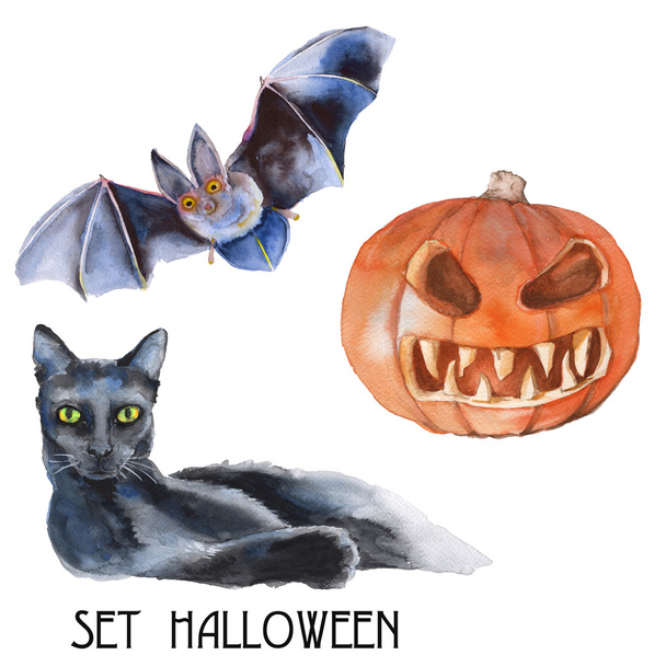 Seth Halloween. Black cat, bat and pumpkin. Isolated on white background. Watercolor illustration.  - Fotografie, Obrázek