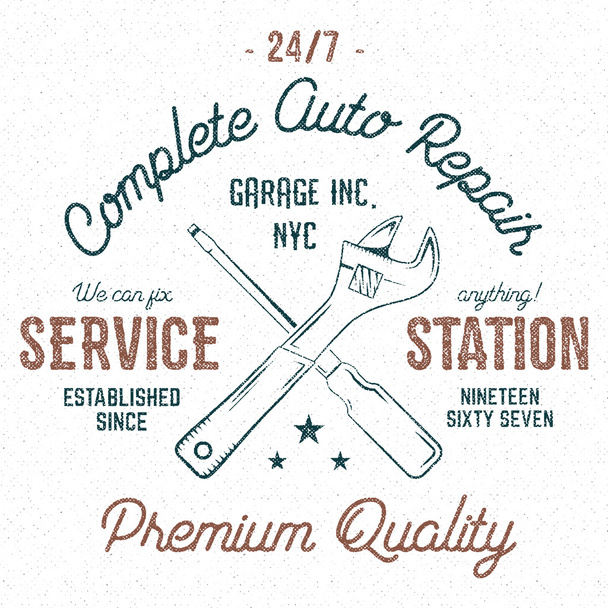 Service station vintage label, tee design graphics, complete auto repair service typography print. Custom t-shirt stamp, teeshirt graphic. Use as tee shirt print, emblem, logo on web. Vector - Vector, imagen