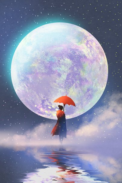 woman with umbrella standing on water against full moon background - Photo, Image