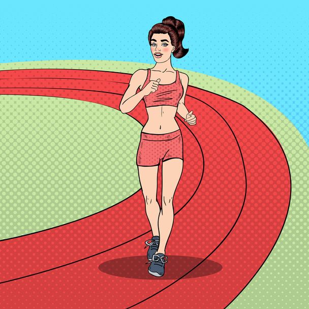 Young Fit Pop Art Woman Running on the Stadium. Vector illustration - Vector, Image