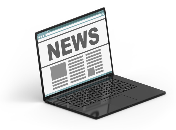 3D render of a black isometric laptop with news text - Zdjęcie, obraz