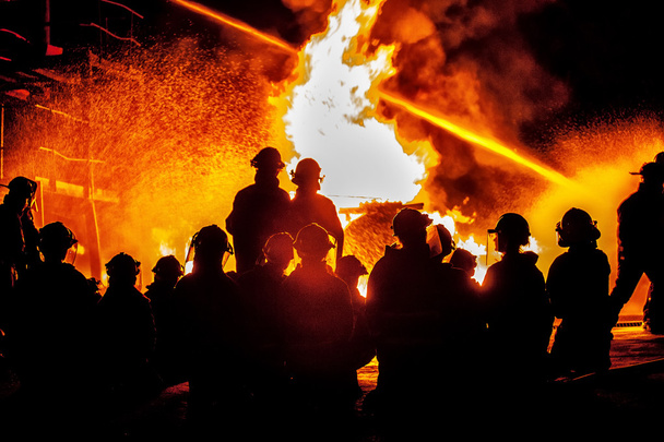 Grupo de pessoas observando um incêndio sendo apagado durante um exercício de treinamento de combate a incêndios
 - Foto, Imagem
