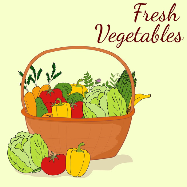 Food basket with vegetables on white background. Autumn harvest. Fresh vegetables. - Vektor, obrázek