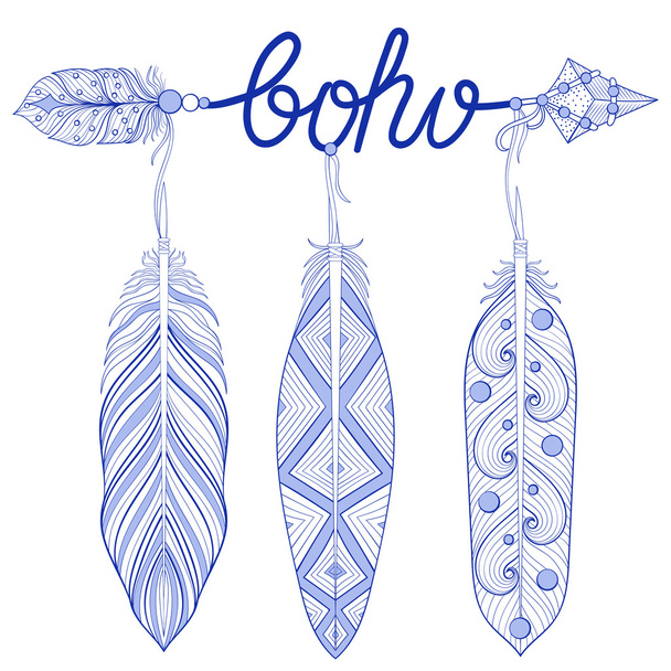 Blauer Bohemienpfeil, Amulett, Buchstaben Boho mit Henna-Federn.  - Vektor, Bild