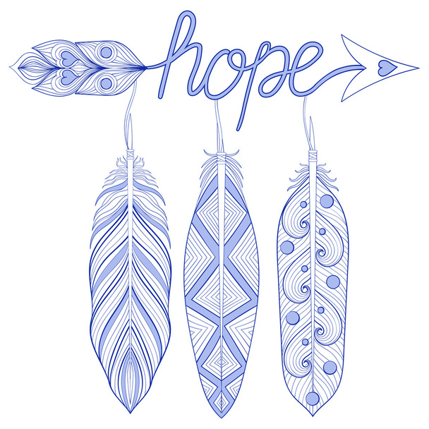 Kék Bohemian nyíl, Hope Amulet a henna toll. Dekoratív - Vektor, kép