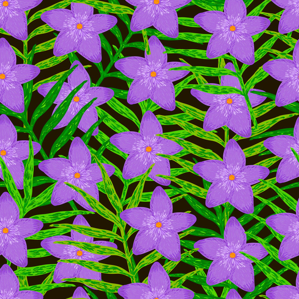 Padrão sem costura vetorial de folhas verdes e flores roxas em
  - Vetor, Imagem