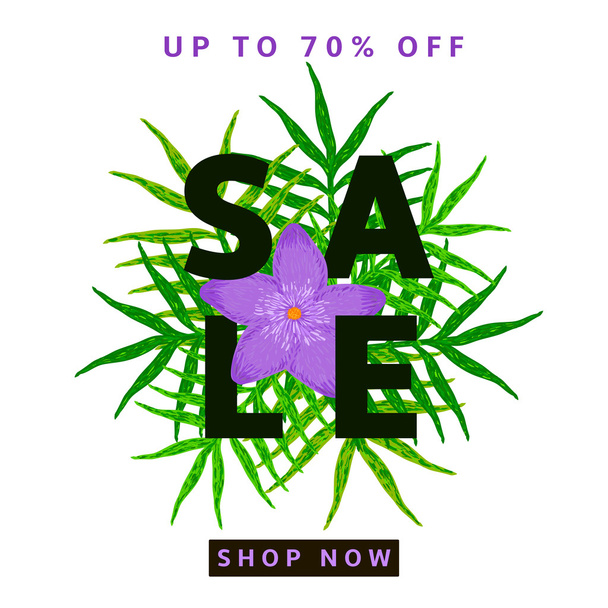 Sale poster, banner with green leaves and purple flowers on the  - Vector, Image