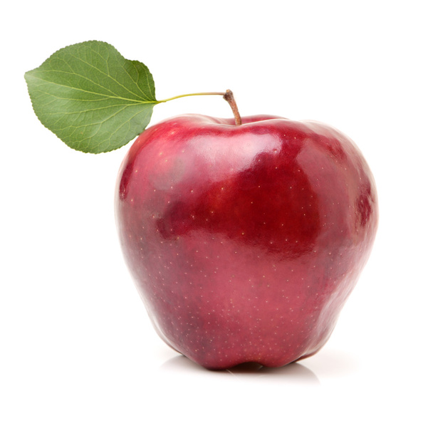 Yksi punainen omena lehtineen
  - Valokuva, kuva