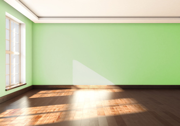 Duvarlar yeşil pencere ile boş odada. 3D render - Fotoğraf, Görsel
