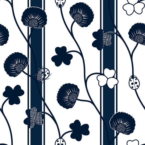 Seamless pattern blue silhouette clover ladybugs and ribbons on a white background - Vector, Imagen