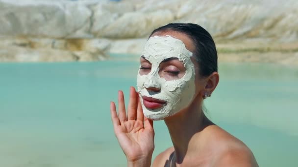 Woman with Blue Clay Facial Mask. Beauty and Wellness. Spa Outdoor - Footage, Video