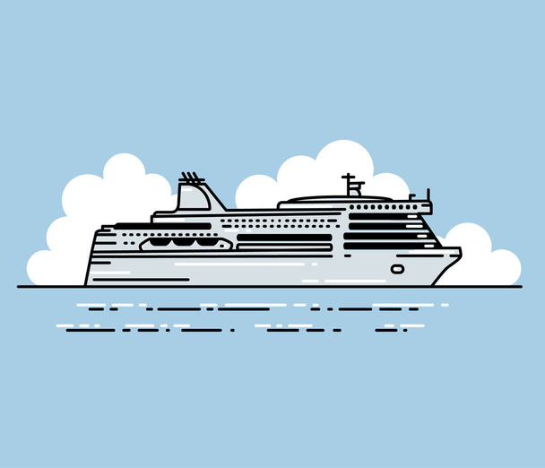 Ferry boat and clouds in linear stile. - Vektör, Görsel