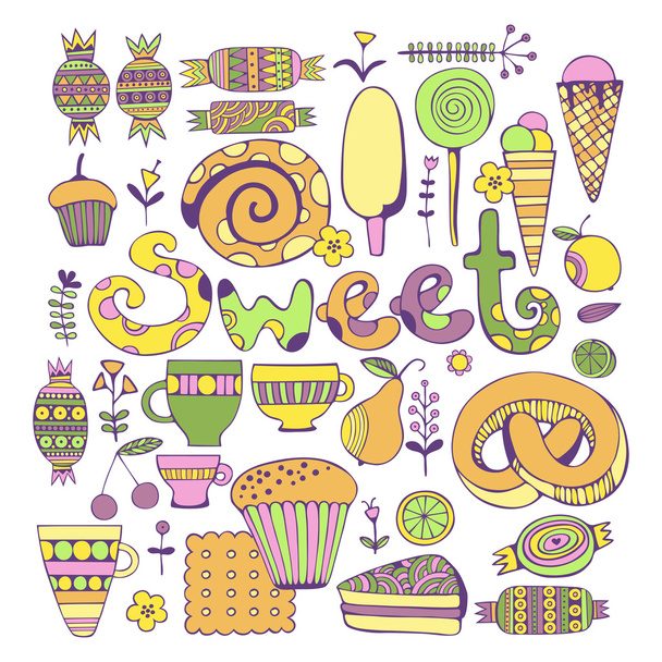 Hand drawn sweets and candies set. Colorful Vector illustration. - Вектор, зображення