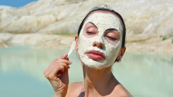 Woman with Blue Clay Facial Mask. Beauty and Wellness. Spa Outdoor - Footage, Video