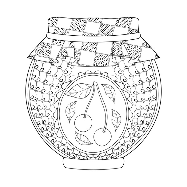 Zentangle stylized jar with cherry jam. Freehand sketch for adul - Vektori, kuva