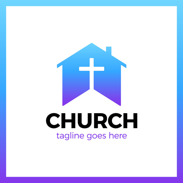 Home Church Logo. House Bible logotype. Calvary cross silhouette negative space - Vector, Image