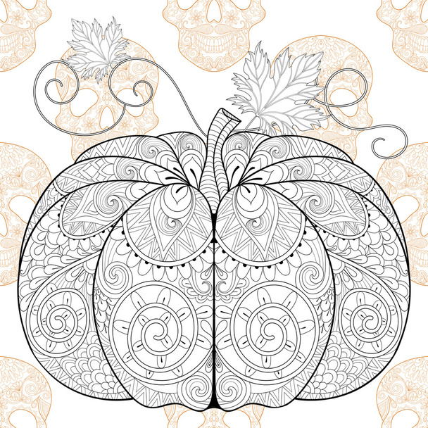 Zentangle stylized  Pumkin on Skull seamless pattern for Hallowe - Photo, Image