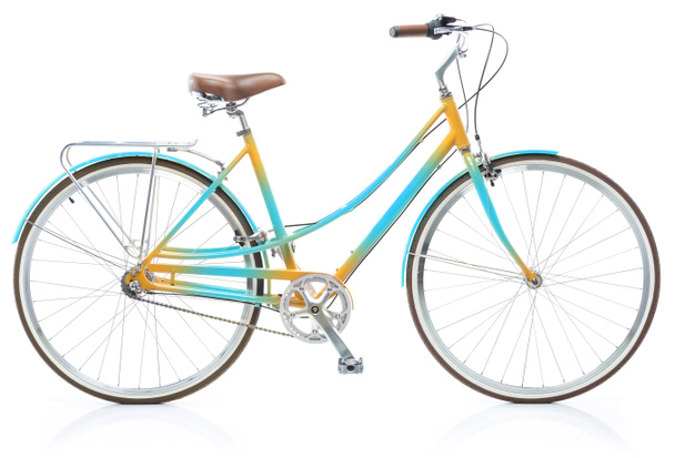 白で隔離、スタイリッシュなレディースの青と黄色の自転車 - 写真・画像